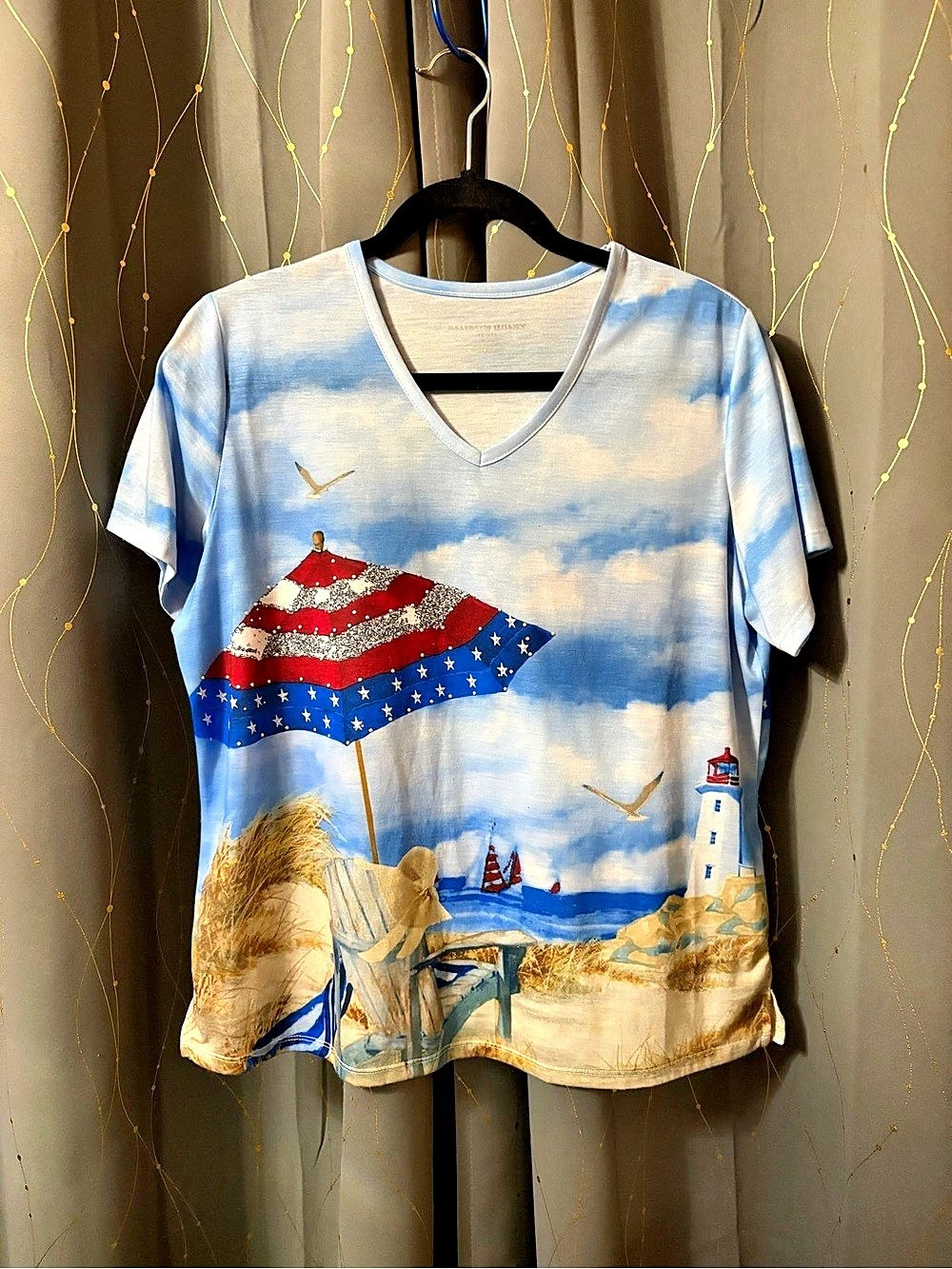 Coldwater Creek Blue & White Graphic Short Sleeve Tee